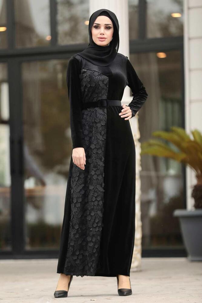 Neva Style - Çiçek Detaylı Siyah Tesettür Kadife Elbise 12064S - 2