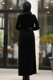 Neva Style - Çiçek Detaylı Siyah Tesettür Kadife Elbise 12064S - Thumbnail