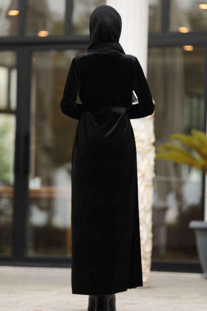 Neva Style - Çiçek Detaylı Siyah Tesettür Kadife Elbise 12064S - 3