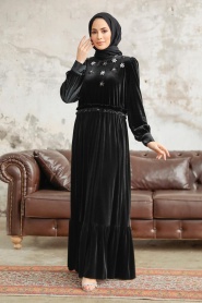 Neva Style - Çiçek Detaylı Siyah Tesettür Kadife Elbise 3713S - Thumbnail