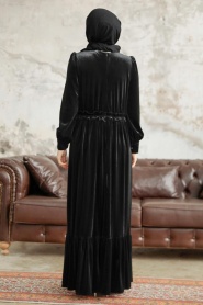 Neva Style - Çiçek Detaylı Siyah Tesettür Kadife Elbise 3713S - Thumbnail