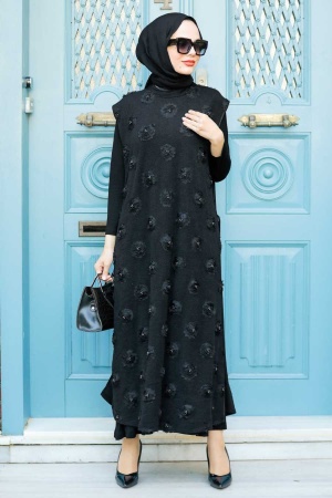 Neva Style - Çiçek Detaylı Siyah Tesettür Triko İkili Takım 30701S - 1