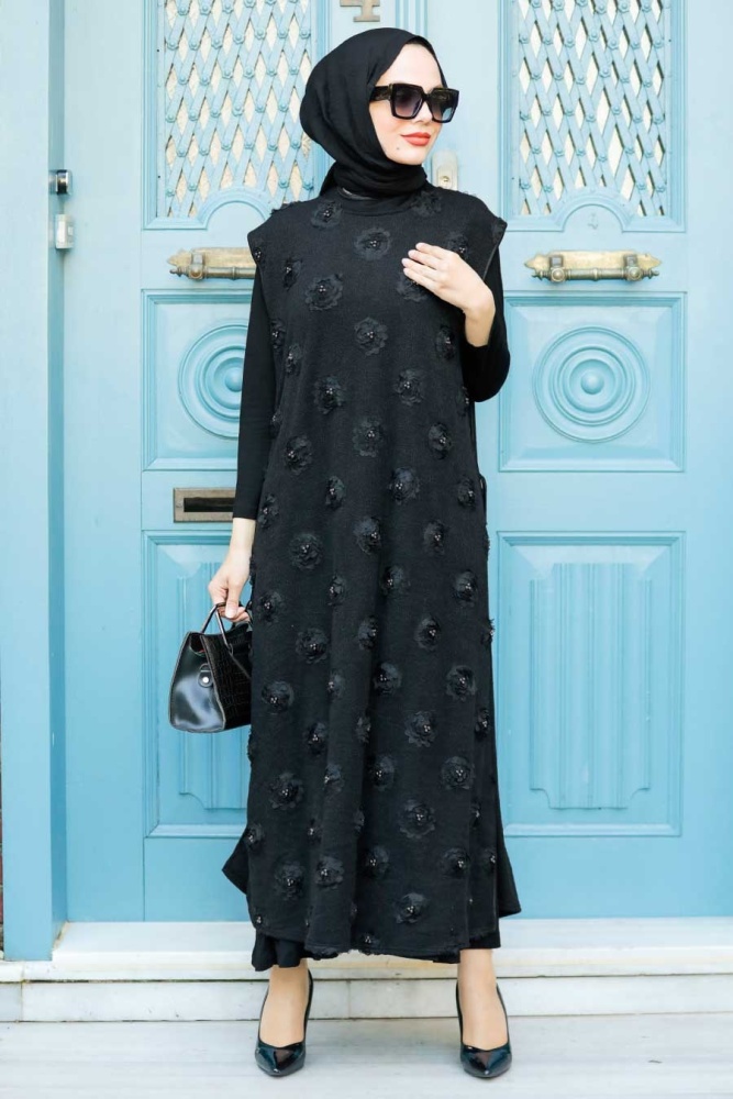 Neva Style - Çiçek Detaylı Siyah Tesettür Triko İkili Takım 30701S - 1