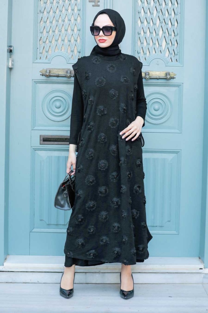 Neva Style - Çiçek Detaylı Siyah Tesettür Triko İkili Takım 30701S - 2