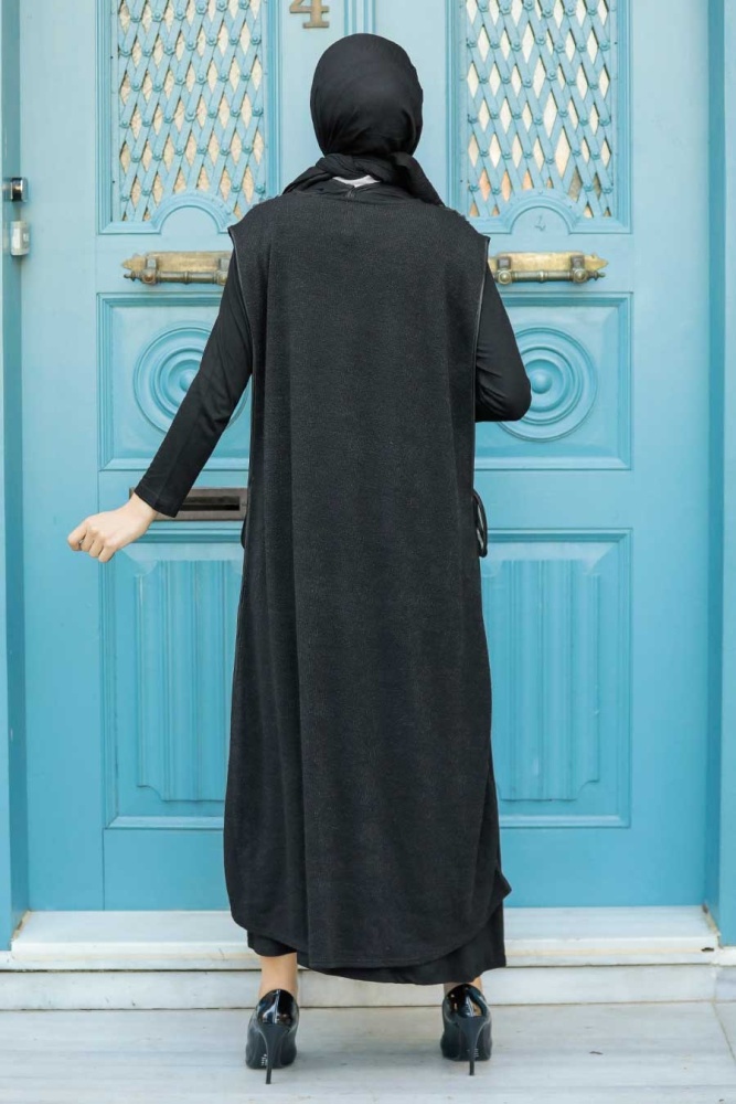 Neva Style - Çiçek Detaylı Siyah Tesettür Triko İkili Takım 30701S - 3