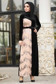 Neva Style - Çiçek Detaylı Somon Tesettür Kadife Elbise 12064SMN - Thumbnail