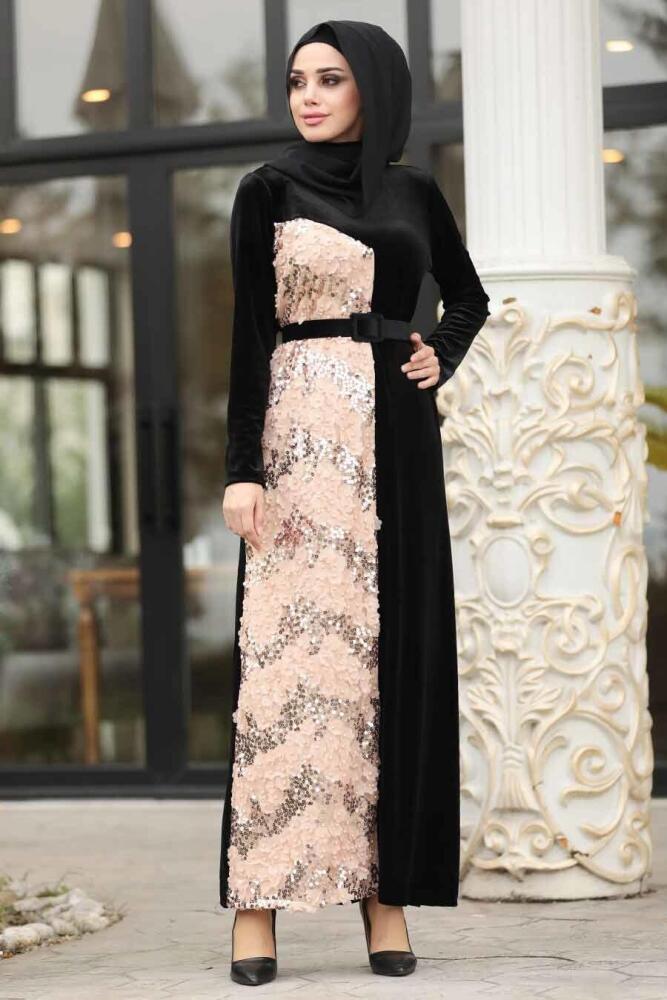 Neva Style - Çiçek Detaylı Somon Tesettür Kadife Elbise 12064SMN - 1