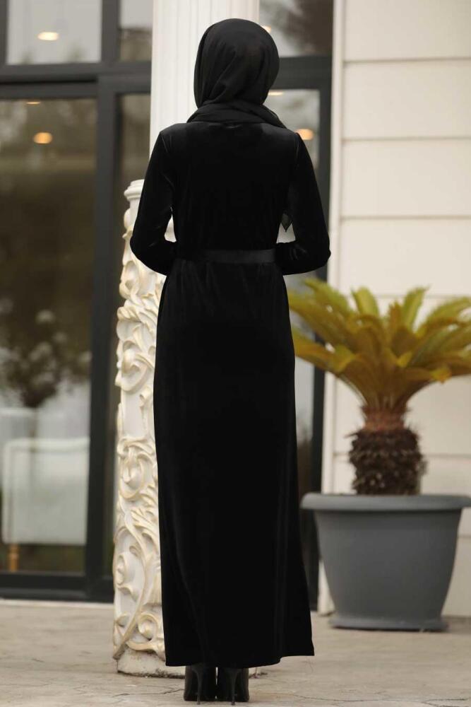 Neva Style - Çiçek Detaylı Somon Tesettür Kadife Elbise 12064SMN - 2