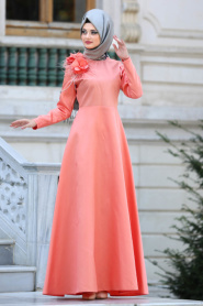 Neva Style - Çiçek Detaylı Turuncu Tesettür Abiye Elbise 3557T - Thumbnail