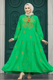 Neva Style - Çiçek Detaylı Yeşil Tesettür Elbise 40110Y - Thumbnail