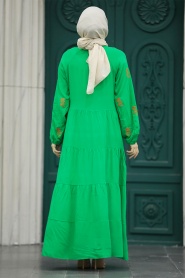 Neva Style - Çiçek Detaylı Yeşil Tesettür Elbise 40110Y - Thumbnail