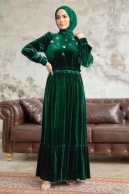 Neva Style - Çiçek Detaylı Zümrüt Yeşili Tesettür Kadife Elbise 3713ZY - Thumbnail