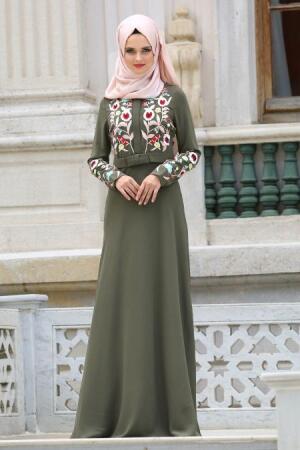 Neva Style - Çiçek İşlemeli Haki Tesettür Elbise 7749HK - 1