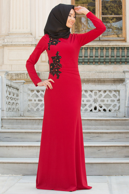 Neva Style - Çiçek İşlemeli Kırmızı Tesettür Abiye Elbise 10056K