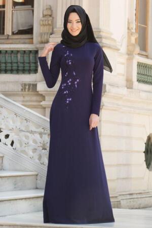 Neva Style - Çiçek İşlemeli Mor Tesettür Abiye Elbise 10029MOR - 1