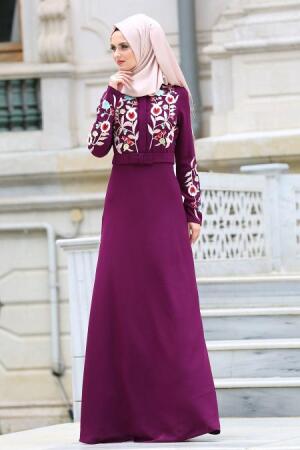 Neva Style - Çiçek İşlemeli Mor Tesettür Elbise 7749MOR - 1