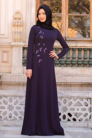 Neva Style - Çiçek İşlemeli Mürdüm Tesettür Abiye Elbise 10029MU - 1