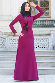 Neva Style - Çiçek İşlemeli Mürdüm Tesettür Abiye Elbise 10056MU - Thumbnail
