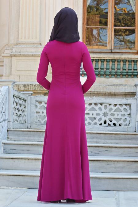 Neva Style - Çiçek İşlemeli Mürdüm Tesettür Abiye Elbise 10056MU - 2