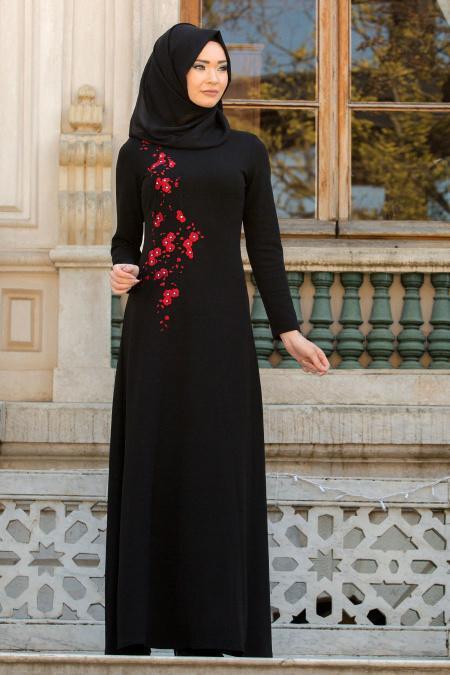 Neva Style - Çiçek İşlemeli Siyah Tesettür Abiye Elbise 10029S - 1