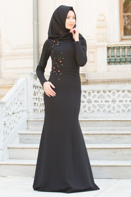 Neva Style - Çiçek İşlemeli Siyah Tesettür Abiye Elbise 10056S