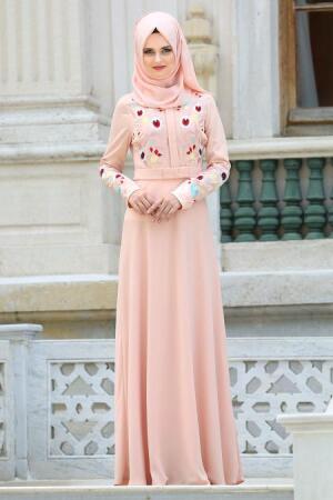 Neva Style - Çiçek İşlemeli Somon Tesettür Elbise 7749SMN - 1