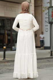 Neva Style - Çiçek Kemerli Beyaz Tesettür Elbise 1390B - Thumbnail