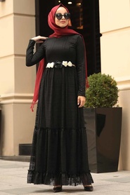 Neva Style - Çiçek Kemerli Siyah Tesettür Elbise 1390S - Thumbnail