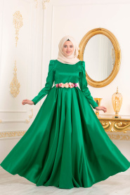 Neva Style - Çiçek Kemerli Yeşil Tesettür Abiye Elbise 3514Y - Thumbnail