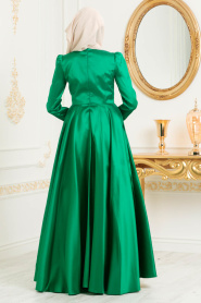 Neva Style - Çiçek Kemerli Yeşil Tesettür Abiye Elbise 3514Y - Thumbnail