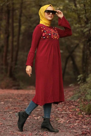 Neva Style - Çiçek Nakışlı Bordo Tesettür Triko 15125BR - 1