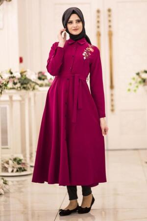 Neva Style - Çiçek Nakışlı Fuşya Uzun Tesettür Tunik 52330F - 1