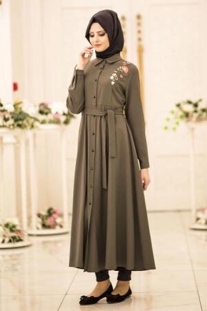 Neva Style - Çiçek Nakışlı Haki Uzun Tesettür Tunik 52330HK - 1