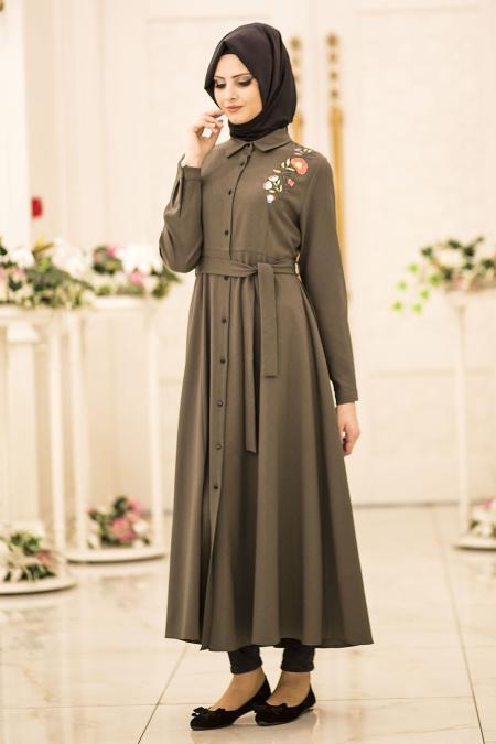 Neva Style - Çiçek Nakışlı Haki Uzun Tesettür Tunik 52330HK - 1