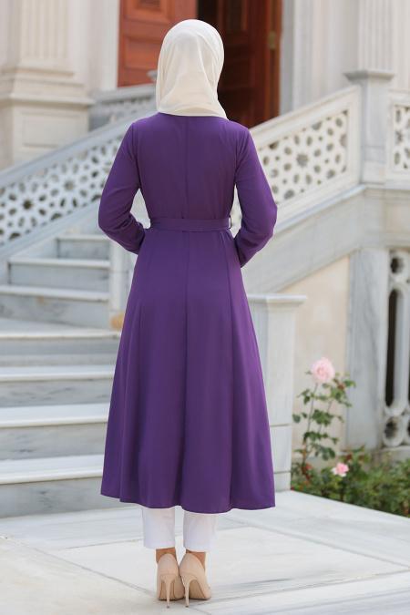 Neva Style - Çiçek Nakışlı Mor Uzun Tesettür Tunik 52330MOR - 2