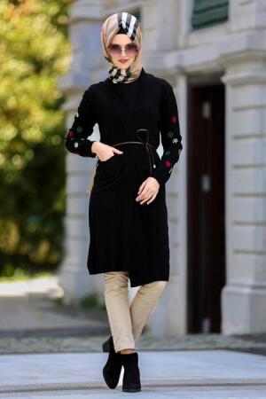 Neva Style - Çiçek Nakışlı Siyah Tesettür Hırka 15115S - 1