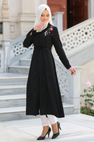 Neva Style - Çiçek Nakışlı Siyah Uzun Tesettür Tunik 52330S - Thumbnail