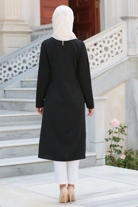 Neva Style - Çiçek Nakışlı Siyah Uzun Tesettür Tunik 52330S - 2