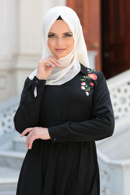 Neva Style - Çiçek Nakışlı Siyah Uzun Tesettür Tunik 52330S - 3