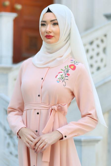 Neva Style - Çiçek Nakışlı Somon Uzun Tesettür Tunik 52330SMN - 2