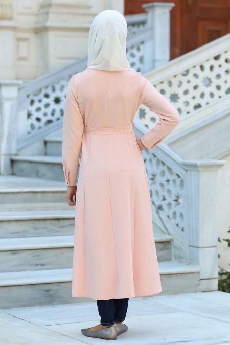 Neva Style - Çiçek Nakışlı Somon Uzun Tesettür Tunik 52330SMN - 3