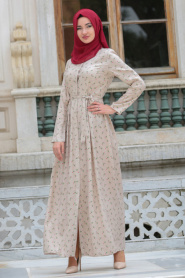 Neva Style - Çiçekli Bej Elbise 16246BEJ - Thumbnail