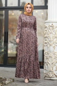 Neva Style - Çiçekli Gül Kurusu Tesettür Kadife Elbise 14980GK - Thumbnail