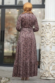 Neva Style - Çiçekli Gül Kurusu Tesettür Kadife Elbise 14980GK - Thumbnail