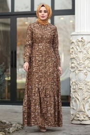 Neva Style - Çiçekli Hardal Tesettür Kadife Elbise 1498HR - Thumbnail