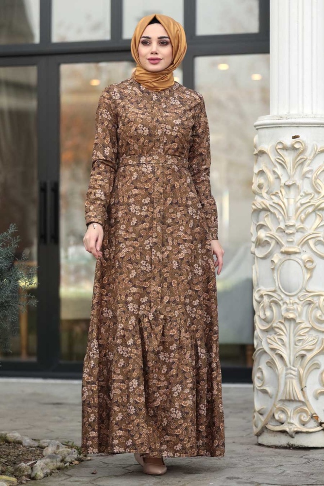 Neva Style - Çiçekli Hardal Tesettür Kadife Elbise 1498HR - 1
