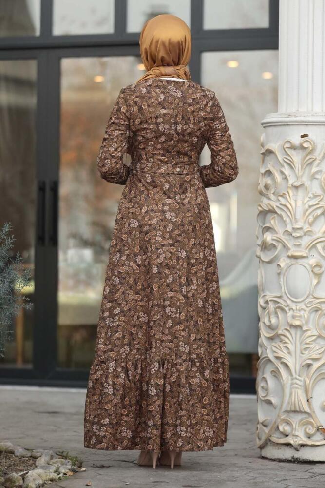 Neva Style - Çiçekli Hardal Tesettür Kadife Elbise 1498HR - 4