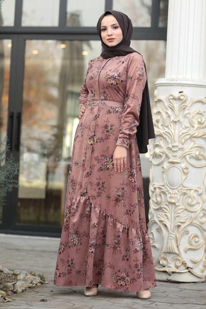 Neva Style - Çiçekli Koyu Somon Tesettür Kadife Elbise 14981KSMN - 1