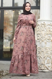 Neva Style - Çiçekli Koyu Somon Tesettür Kadife Elbise 14981KSMN - Thumbnail