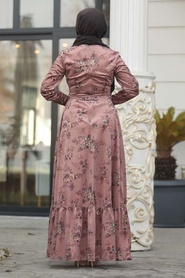Neva Style - Çiçekli Koyu Somon Tesettür Kadife Elbise 14981KSMN - Thumbnail